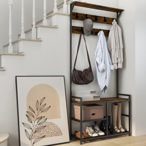 Banc de rangement d'entrée avec crochets pour Portemanteau industriel 3-en-1 de Costway pour chaussures d'entrée
