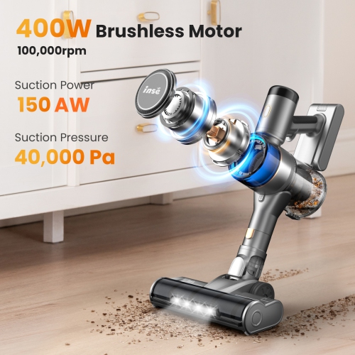 INSE S9 Cordless Vacuum Cleaner with 400W/30Kpa Suction 55min Max Runtime LED Display 4 Suction Modes with Smart Adjustment - Grey