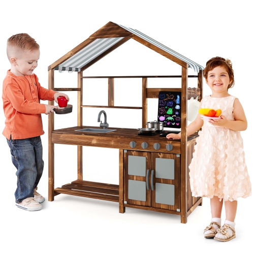 COSTWAY  Wooden Mud Kitchen With Chalkboard, Stoves, Removable Sink & Accessories Natural