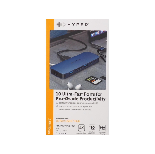 Hyper - HyperDrive Next 10 Port USB-C Hub, 4K HDMI, Ethernet, 2 USB-C, 2 USB-A, microSD/SD, travel dock for MacBook/PC