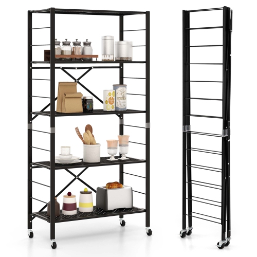 COSTWAY  5-Tier Foldable Storage Shelves Adjustable Collapsible Organizer Rack With Wheels