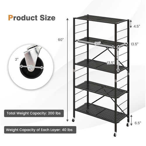Costway 5-Tier Foldable Storage Shelves Adjustable Collapsible Organizer Rack with Wheels