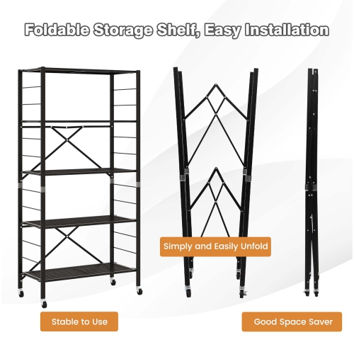 Costway 5-Tier Foldable Storage Shelves Adjustable Collapsible Organizer Rack with Wheels