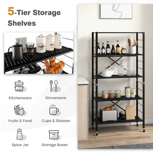 Costway 5-Tier Foldable Storage Shelves Adjustable Collapsible Organizer Rack with Wheels