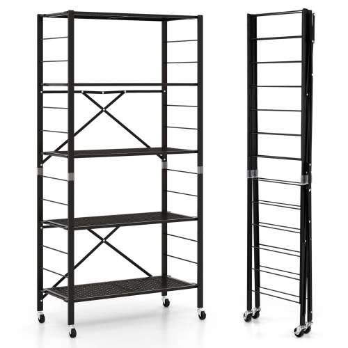 Costway 5-Tier Foldable Storage Shelves Adjustable Collapsible Organizer Rack with Wheels