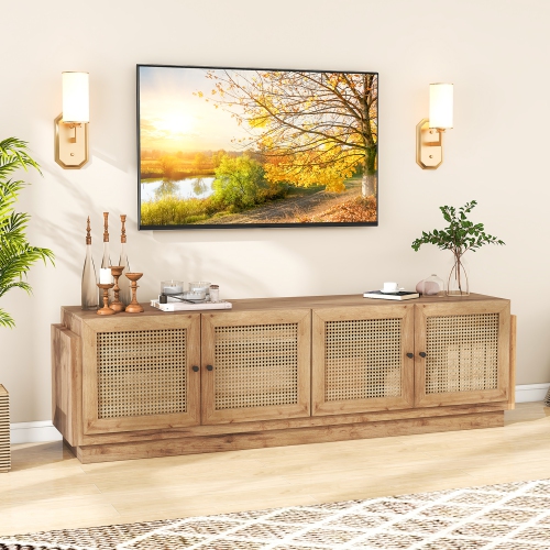 Gymax 4-Door PE Rattan Media Console Table Farmhouse TV Stand for TVs up to 75'' Oak