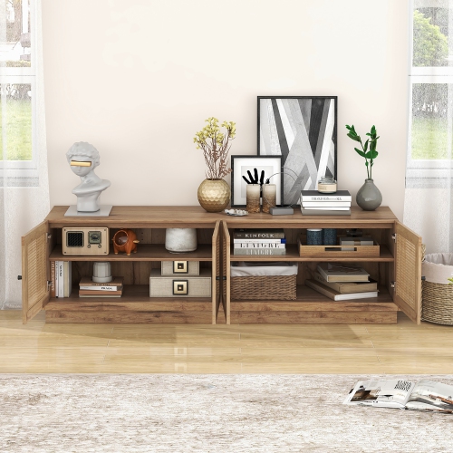 Gymax 4-Door PE Rattan Media Console Table Farmhouse TV Stand for TVs up to 75'' Oak