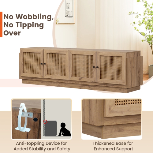Gymax 4-Door PE Rattan Media Console Table Farmhouse TV Stand for TVs up to 75'' Oak