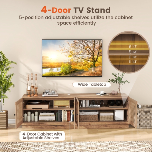 Gymax 4-Door PE Rattan Media Console Table Farmhouse TV Stand for TVs up to 75'' Oak