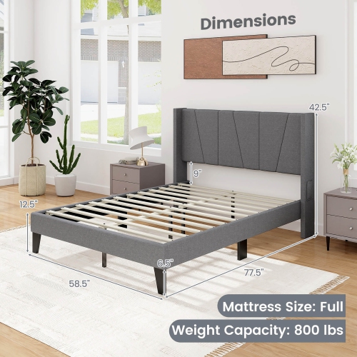 Gymax Full Size Upholstered Bed Frame w/ Elastic Pockets Mattress Foundation Gray