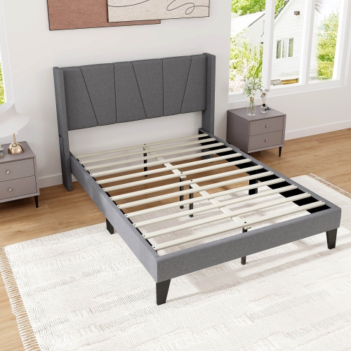 Gymax Full Size Upholstered Bed Frame w/ Elastic Pockets Mattress Foundation Gray