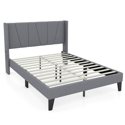 Gymax Full Size Upholstered Bed Frame w/ Elastic Pockets Mattress Foundation Gray