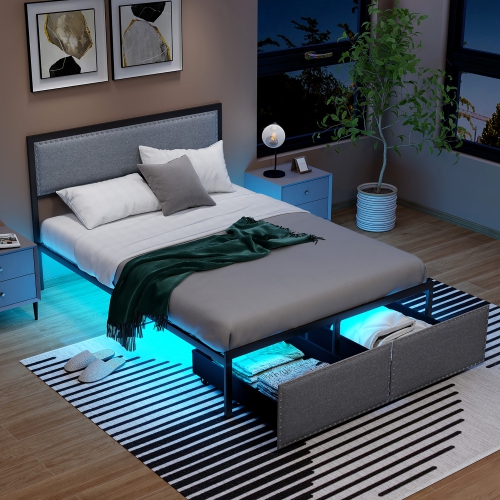 Gymax Full Size Bed Frame w/ 2 Storage Drawers LED Lights Slats Support Modern