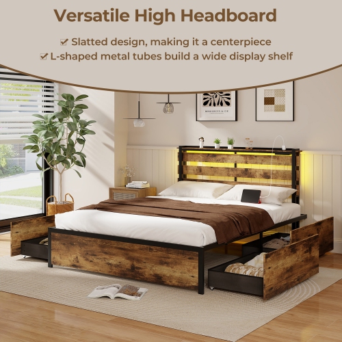 Gymax Queen Size Bed Frame w/ Drawers LED Lights Outlets & USB Ports Smart APP Control
