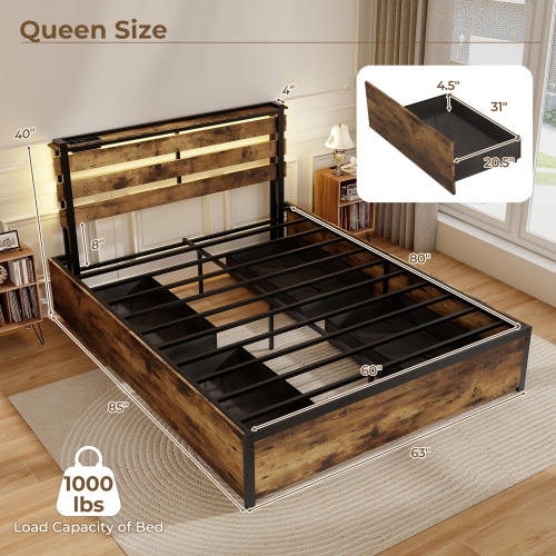 Gymax Queen Size Bed Frame w/ Drawers LED Lights Outlets & USB Ports Smart APP Control