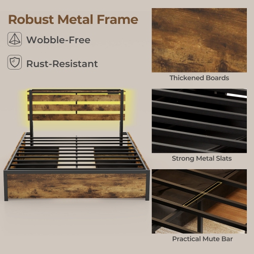 Gymax Queen Size Bed Frame w/ Drawers LED Lights Outlets & USB Ports Smart APP Control