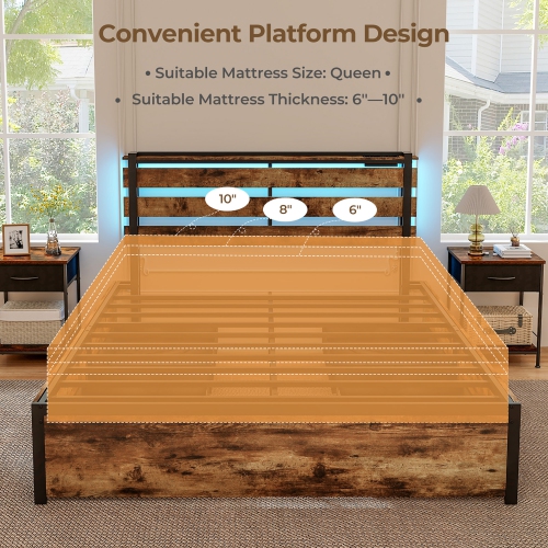 Gymax Queen Size Bed Frame w/ Drawers LED Lights Outlets & USB Ports Smart APP Control