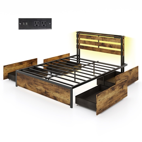 Gymax Queen Size Bed Frame w/ Drawers LED Lights Outlets & USB Ports Smart APP Control