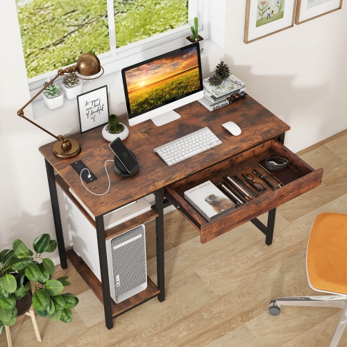 Gymax 40'' Computer Desk w/ Charging Station Drawer & Adjustable Shelf Headphone Hooks