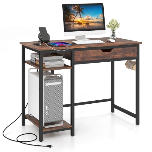 Gymax 40'' Computer Desk w/ Charging Station Drawer & Adjustable Shelf Headphone Hooks