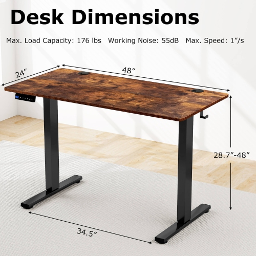 Gymax 48'' x 24'' Electric Standing Desk w/ 3 Memory Height Settings 2 Hanging Hooks Rustic Brown