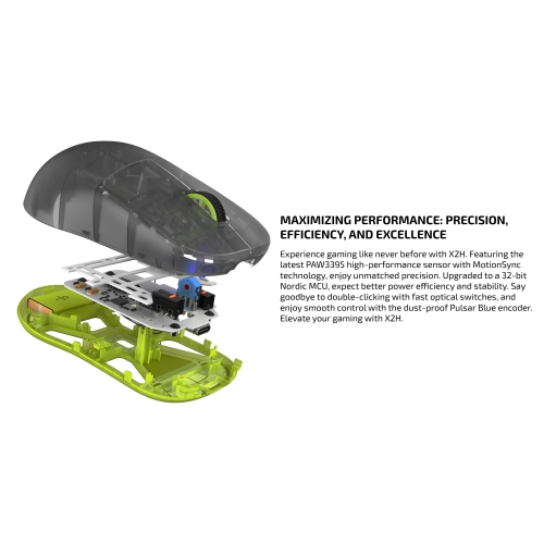Pulsar X2H Wireless Gaming Mouse - Ultra-Lightweight 54g, PAW3395 26K DPI Sensor, Optical Switches, Symmetrical Design High Hump, Lag-Free 2.4GHz