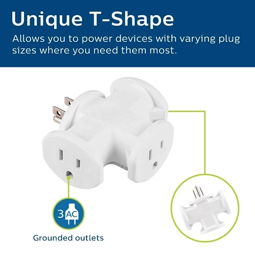 Philips 3-Outlet T-Shaped Adapter, White Outdoor/Indoor