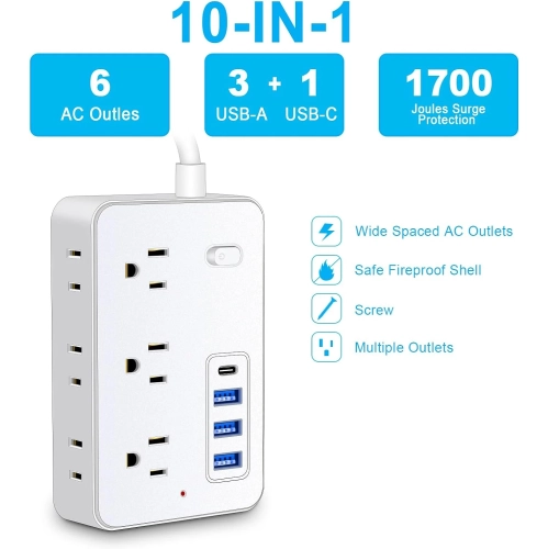 15 FT Extension Cord Surge Protector Power Strip - 6 Outlets, 4 USB Ports, 1700 Joules Protection - Flat Plug, Long Cord - for Home Office (White)