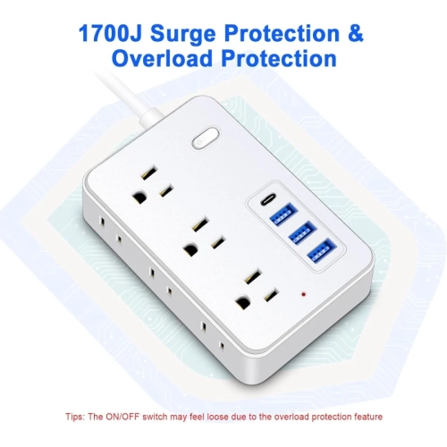 15 FT Extension Cord Surge Protector Power Strip - 6 Outlets, 4 USB Ports, 1700 Joules Protection - Flat Plug, Long Cord - for Home Office (White)