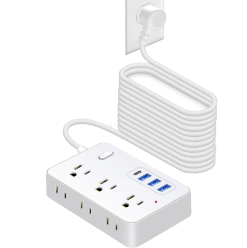 15 FT Extension Cord Surge Protector Power Strip - 6 Outlets, 4 USB Ports, 1700 Joules Protection - Flat Plug, Long Cord - for Home Office (White)