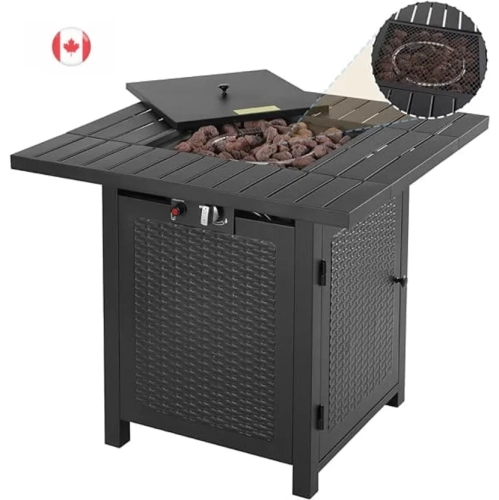 30 Inch Outdoor Propane Fire Pit Table - CSA Approved 50,000 BTU Auto-Ignition Gas Fireplace with Rattan-Look Steel Design and Lava Rock - Ideal for