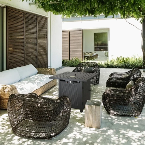 30 Inch Outdoor Propane Fire Pit Table - CSA Approved 50,000 BTU Auto-Ignition Gas Fireplace with Rattan-Look Steel Design and Lava Rock - Ideal for