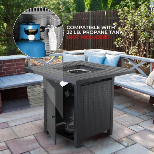 30 Inch Outdoor Propane Fire Pit Table - CSA Approved 50,000 BTU Auto-Ignition Gas Fireplace with Rattan-Look Steel Design and Lava Rock - Ideal for