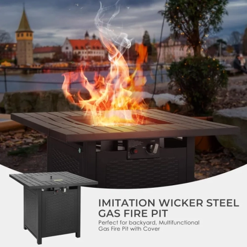 30 Inch Outdoor Propane Fire Pit Table - CSA Approved 50,000 BTU Auto-Ignition Gas Fireplace with Rattan-Look Steel Design and Lava Rock - Ideal for