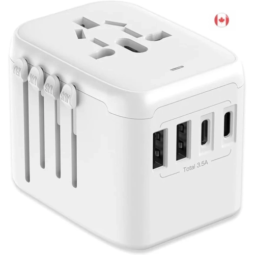 5-in-1 European Travel Plug Adapter with 3.5A 2xUSB-A and 2xUSB C Wall Charger - Worldwide AC Outlet for Europe USA UK AUS Asia