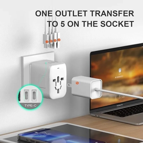 5-in-1 European Travel Plug Adapter with 3.5A 2xUSB-A and 2xUSB C Wall Charger - Worldwide AC Outlet for Europe USA UK AUS Asia