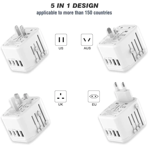 5-in-1 European Travel Plug Adapter with 3.5A 2xUSB-A and 2xUSB C Wall Charger - Worldwide AC Outlet for Europe USA UK AUS Asia