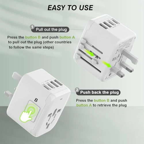 5-in-1 European Travel Plug Adapter with 3.5A 2xUSB-A and 2xUSB C Wall Charger - Worldwide AC Outlet for Europe USA UK AUS Asia