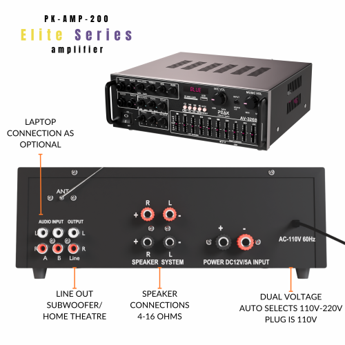 PEAK Karaoke Professional Bluetooth System: Bluetooth Amplifier PK-AMP-200, Two UHF Rechargeable PRO Wireless Microphone with Echo & Volume Control