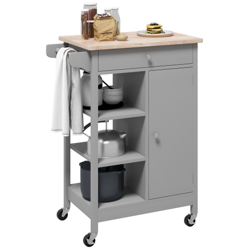 HOMCOM Rolling Kitchen Cart with Storage, Wood Top Coffee Cart on Wheels, Small Kitchen Island with Cabinet, Drawer, 3 Open Shelves and Towel Rack