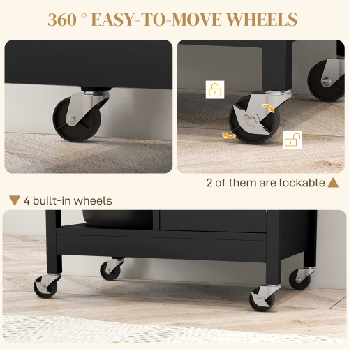 Chariot de cuisine roulant avec rangement, chariot à café sur roulettes en bois, petit îlot de cuisine avec armoire, tiroir, 3 tablettes ouvertes et