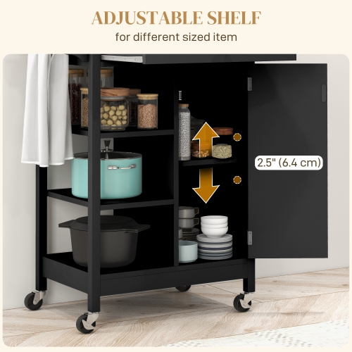 Chariot de cuisine roulant avec rangement, chariot à café sur roulettes en bois, petit îlot de cuisine avec armoire, tiroir, 3 tablettes ouvertes et