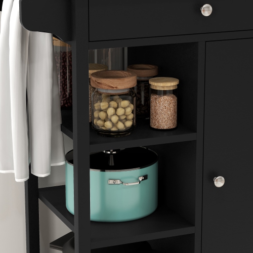 Chariot de cuisine roulant avec rangement, chariot à café sur roulettes en bois, petit îlot de cuisine avec armoire, tiroir, 3 tablettes ouvertes et