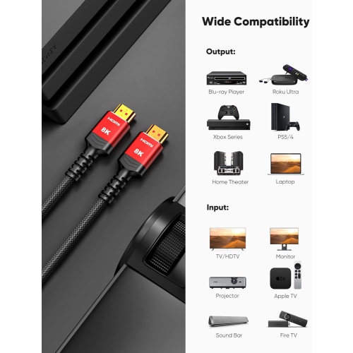 NIERBO 8K 60Hz 1.5FT/0.5M, 2.1 48Gbps HDMI Braided Cable-4K@120Hz 7680P, HDCP 2.2 & 2.3, HDR 10, eARC, Dynamic HDR, Compatible for Laptop, Monitor,