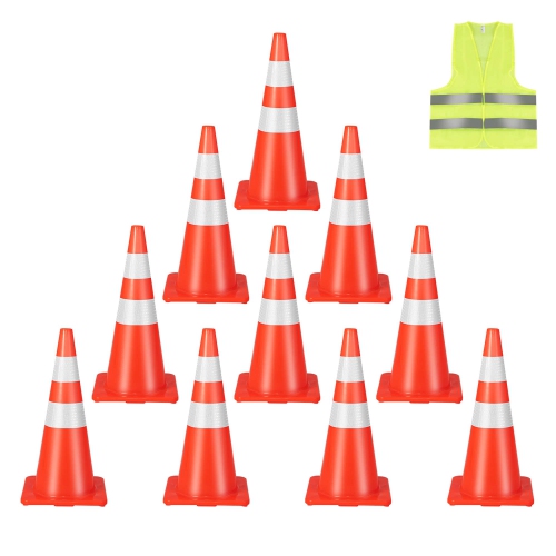 Costway 10 Pack Traffic Safety Cones 28" Parking Cones with Reflective Collars Safety Vest