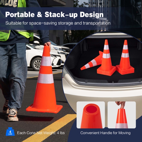 Costway 10 Pack Traffic Safety Cones 28" Parking Cones with Reflective Collars Safety Vest