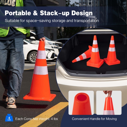 Costway 8 Pack Traffic Safety Cones 28" Parking Cones with Reflective Collars Safety Vest