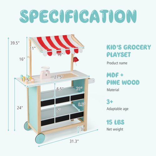 Costway Kids Ice Cream Cart Wooden Toddler Farmers Market Stand W/ Chalkboard & Storage