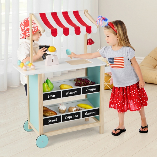 Costway Kids Ice Cream Cart Wooden Toddler Farmers Market Stand W/ Chalkboard & Storage