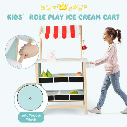 Costway Kids Ice Cream Cart Wooden Toddler Farmers Market Stand W/ Chalkboard & Storage